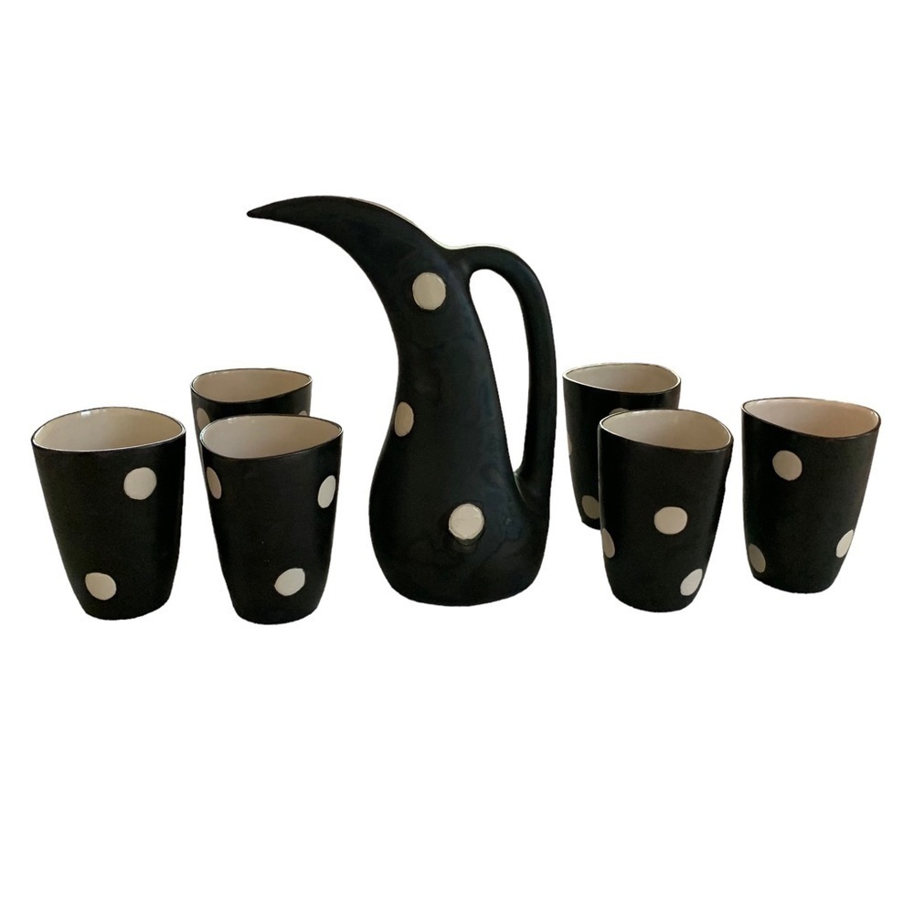 Vintage 1950’s MCM Atomic Matte Black Polka Dot Pitcher & 6 Glasses Signed